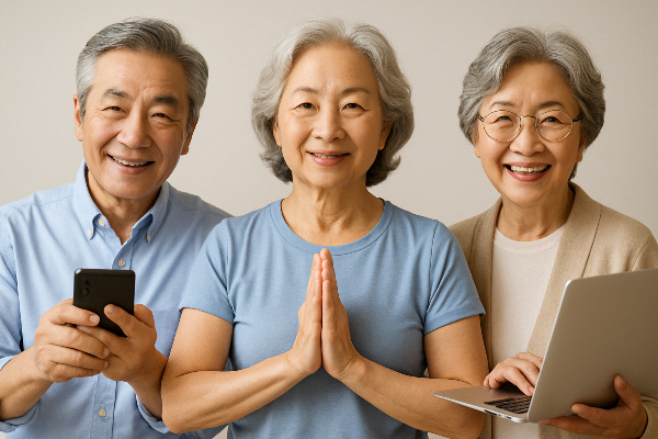 60대분들이-스마트폰-노트북을-들고-있고-한명은-운동복을-입고-웃고-있음