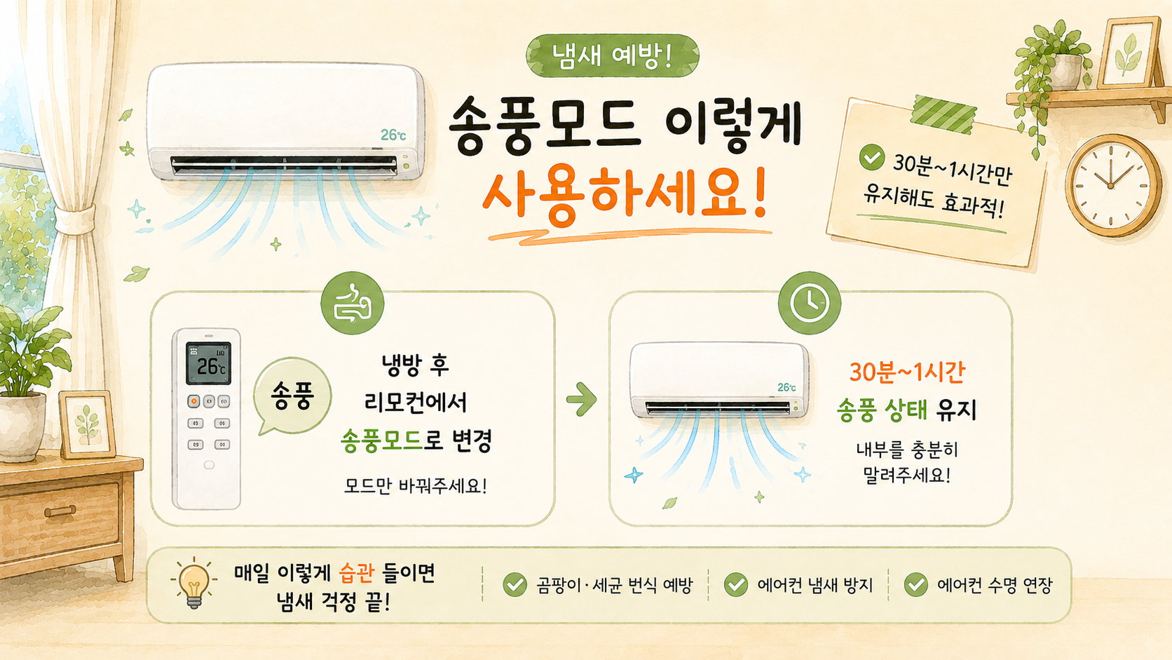 에어컨 송풍모드 활용하는 방법을 정리한 인포그래픽