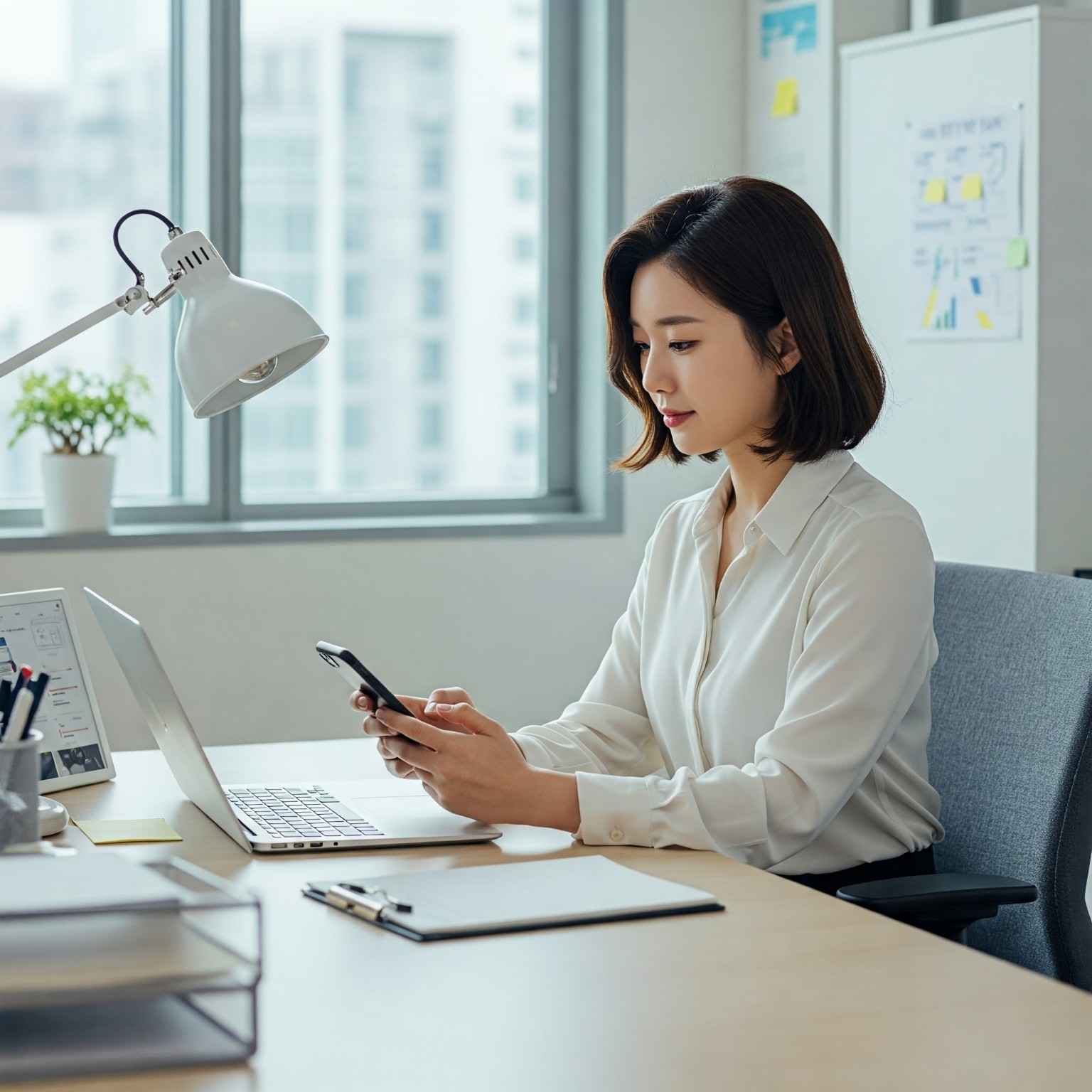 사무실 책상에서 스마트폰으로 AI 감정 코치 앱을 사용하는 여성 직장인