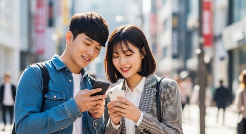 젊은 부부가 쿠폰 지급 내역을 스마트폰으로 확인