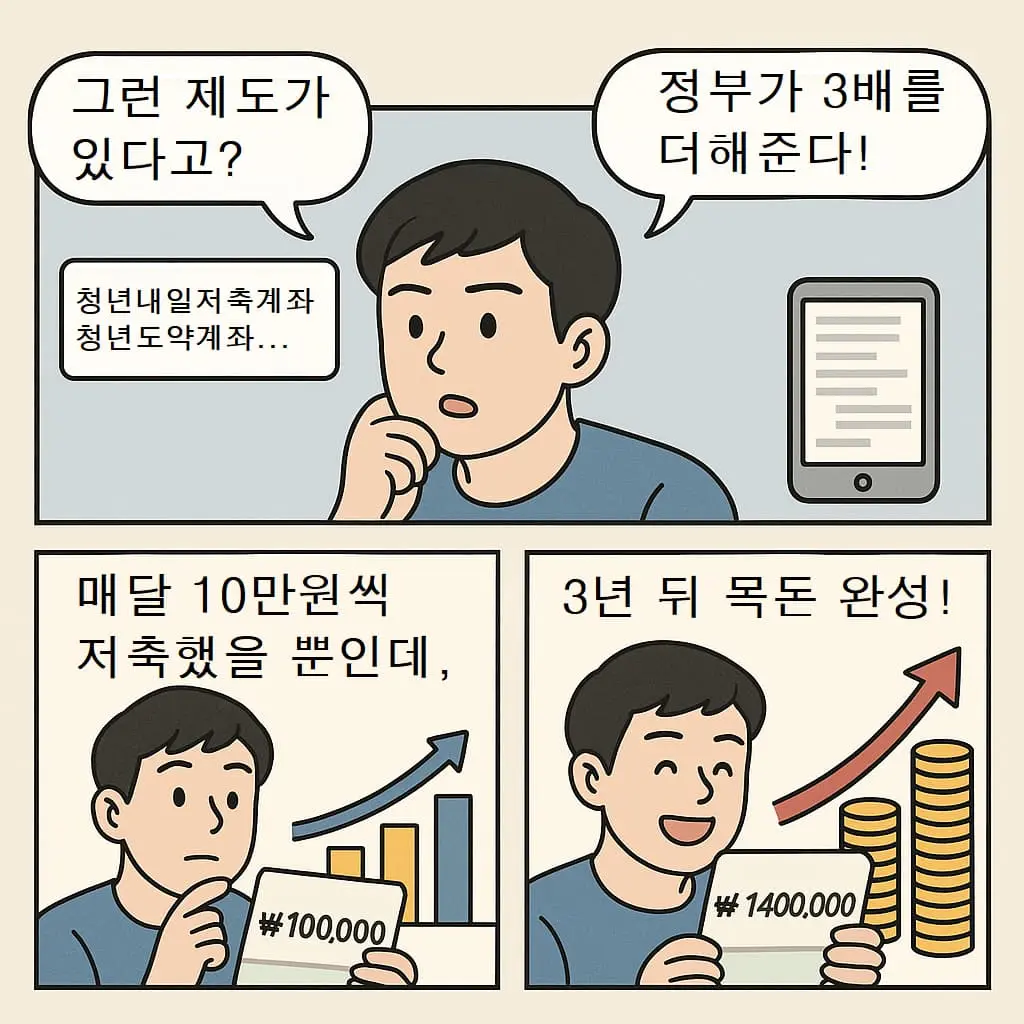 정부 지원금으로 저축이 불어나 목돈을 만든 청년의 모습