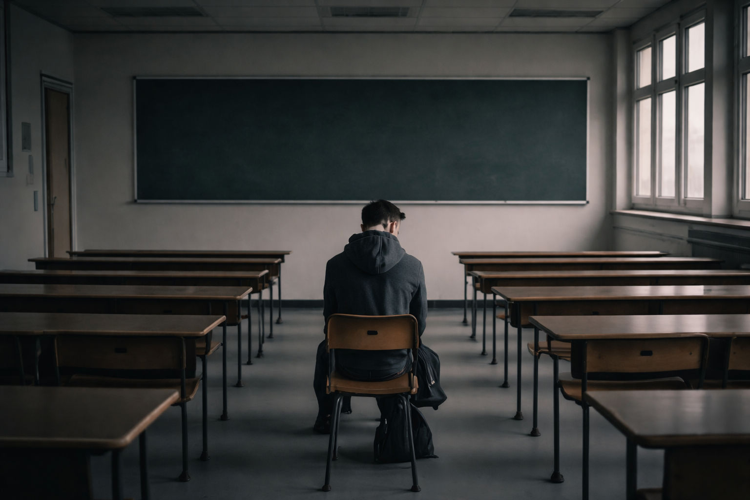 강의실에 혼자 앉아 있는 학생