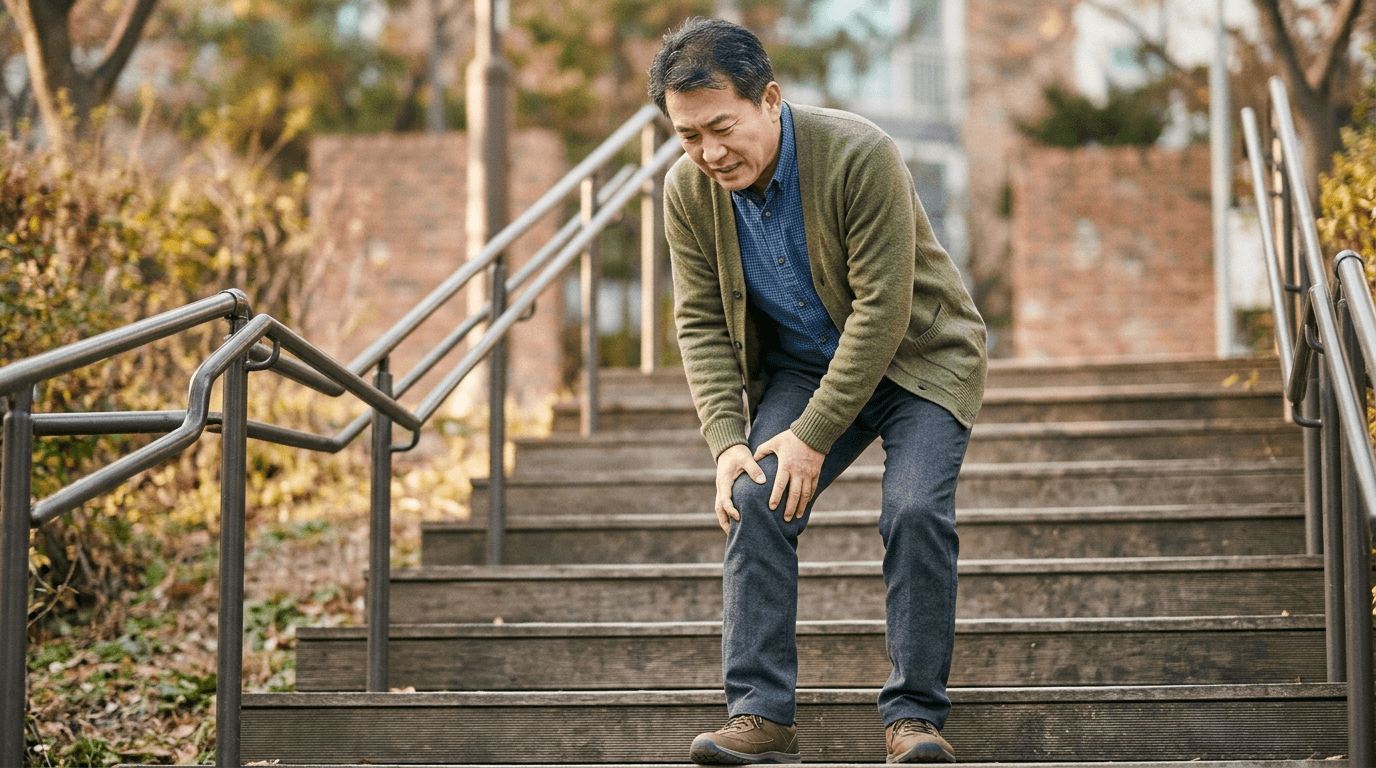계단을 내려가는 장면에서 무릎 부위를 강조한 사진