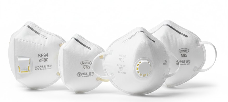다양한 종류의 황사 마스크와 KF 등급 표시가 보이는 미세먼지 차단 마스크 비교 이미지