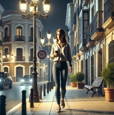 스페인 밤에 안전귀가하는 여성의 모습