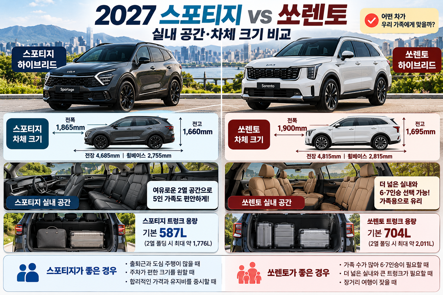 2027 스포티지 하이브리드와 쏘렌토 하이브리드 차체 크기, 실내 공간, 트렁크 용량 및 가족용 SUV 장단점 비교 이미지