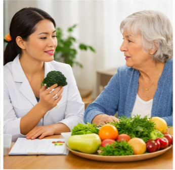 저속노화를 위한 건강한 식단중 신선한채소, 과일 등에 대해 설명을 듣고 있는 시니어