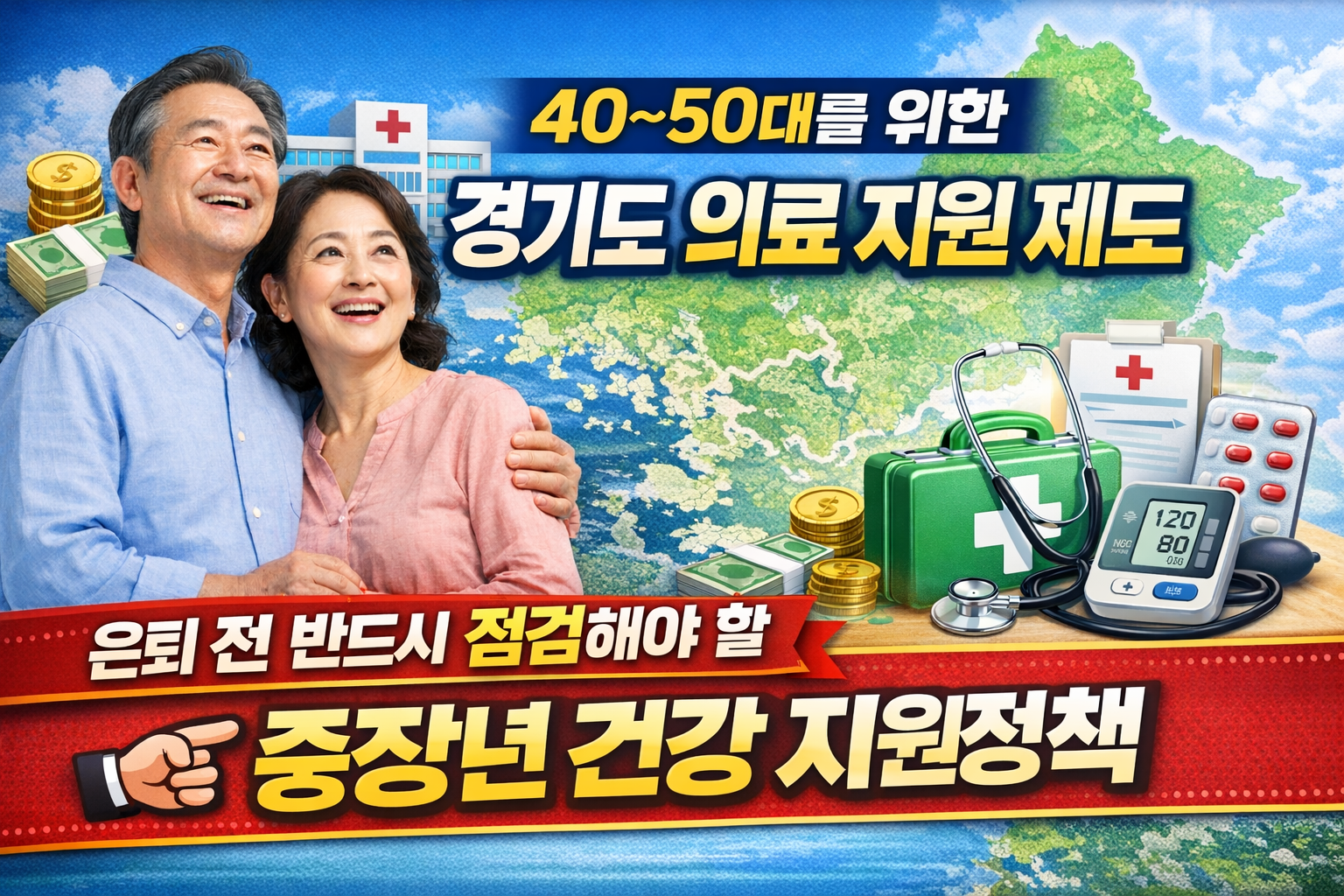 40~50대를 위한 경기도 의료 지원 제도를 설명. 은퇴 전 반드시 점검해야 할 중장년 건강 지원정책에 대해 설명