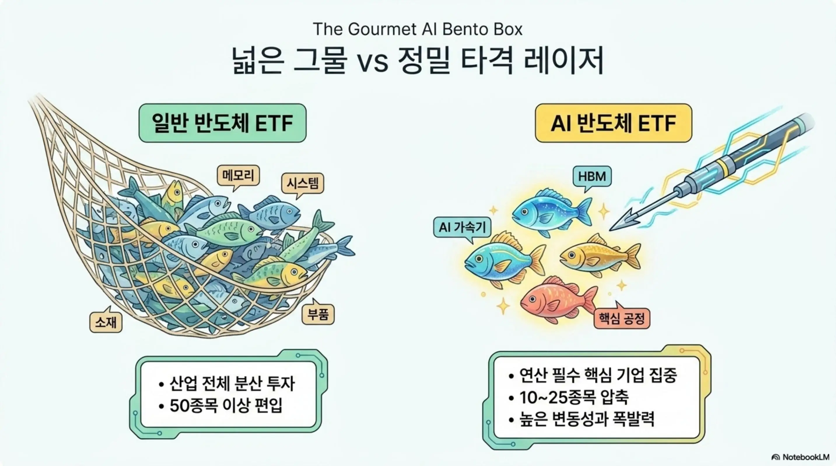 AI반도체ETF비교: 일반 반도체 ETF는 50종목 이상을 넓은 그물로 분산 투자하고 AI 반도체 ETF는 10~25종목의 핵심 기업에 집중 투자하는 차이를 물고기와 레이저 비유로 설명하는 인포그래픽. 블로그의 AI 반도체 ETF 비교에서 두 유형의 구조적 차이를 시각적으로 전달함