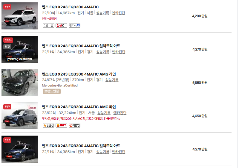 벤츠 EQB 중고차 가격 시세표 유지비