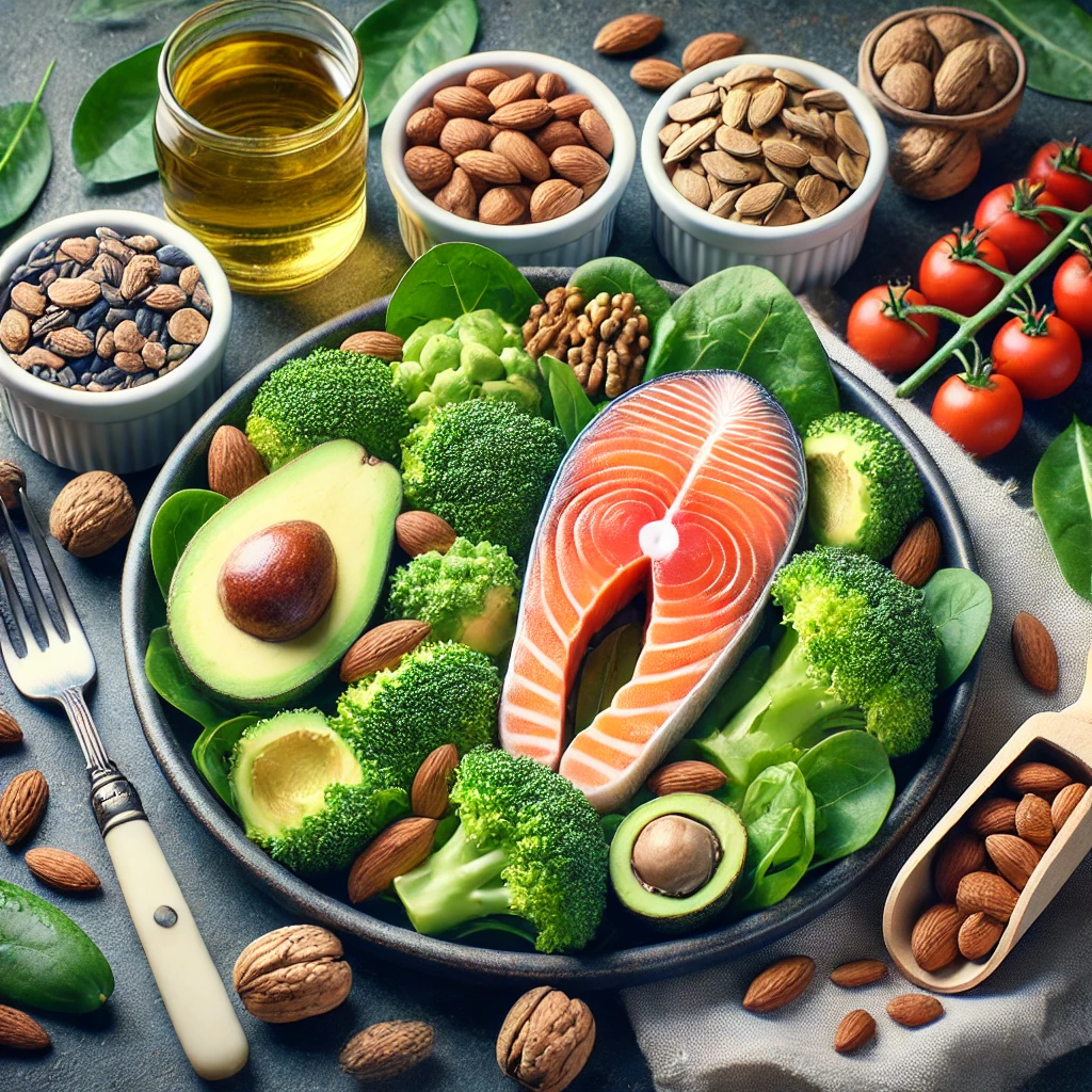 "연어, 아보카도, 견과류, 잎채소 등으로 구성된 영양가 높은 건강 식단이 테이블 위에 정갈하게 놓인 모습"