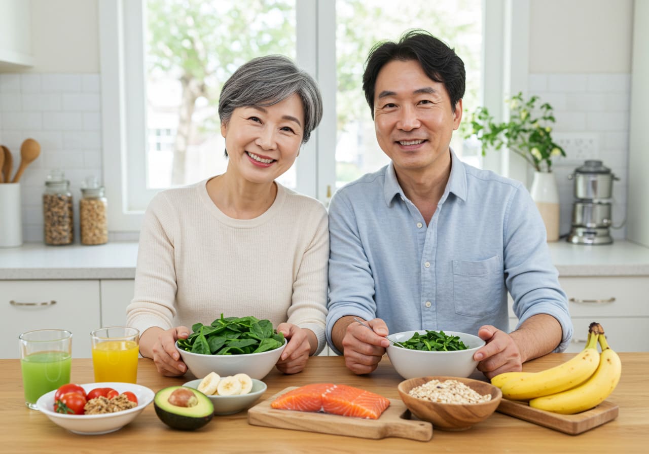건강한 식사를 즐기며 웃고 있는 50대 한국 부부