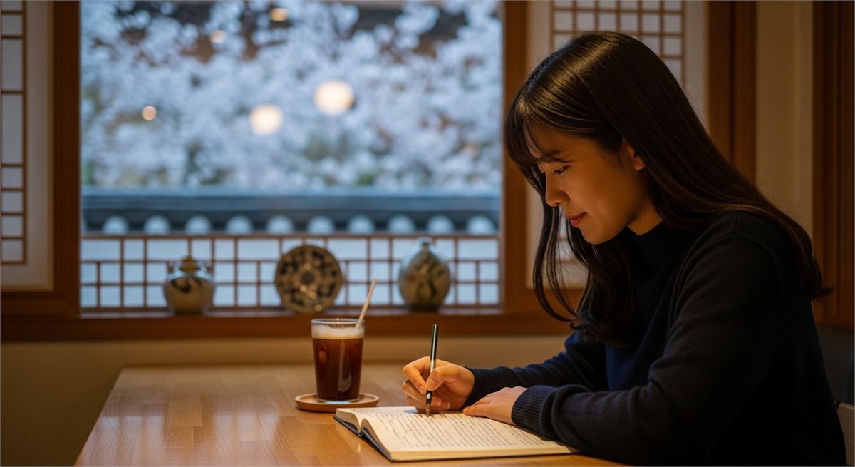 영어 연습을 마치고 만족한 표정을 짓는 학습자의 장면 