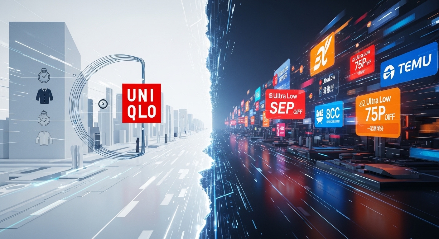 유니클로 로고와 함께 품질과 기본 디자인을 상징하는 요소들이 있는 디지털 공간과, 초저가와 빠른 배송을 강조하는 알리익스프레스, 테무 같은 온라인 플랫폼의 경쟁 구도를 나타내는 이미지