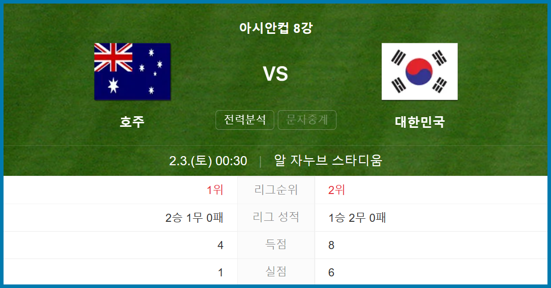 아시안컵 8강 한국 vs 호주 경기일정