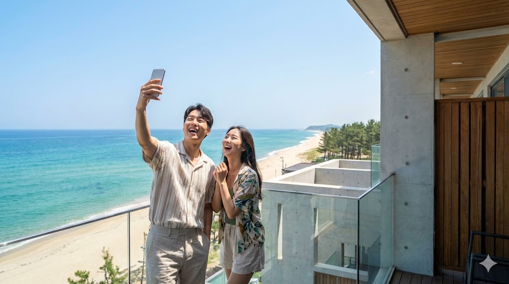 강릉의 고급 호텔에서 동해 바다를 배경으로 휴가를 즐기는 행복한 한국인 커플.