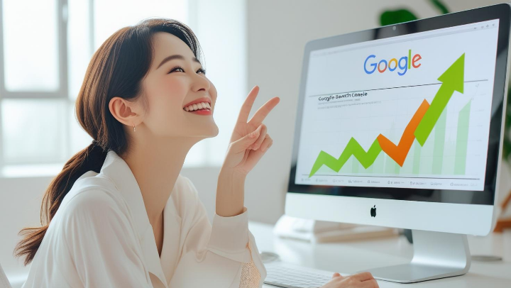 SEO 성과 그래프를 보며 블로그 검색 순위 상승에 만족하는 여성 블로거