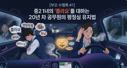 밤늦게 연락 두절된 사춘기 아들을 차에 태우고, 분노와 안도 사이에서 평정심을 유지하며 운전하는 부모의 수행 모습