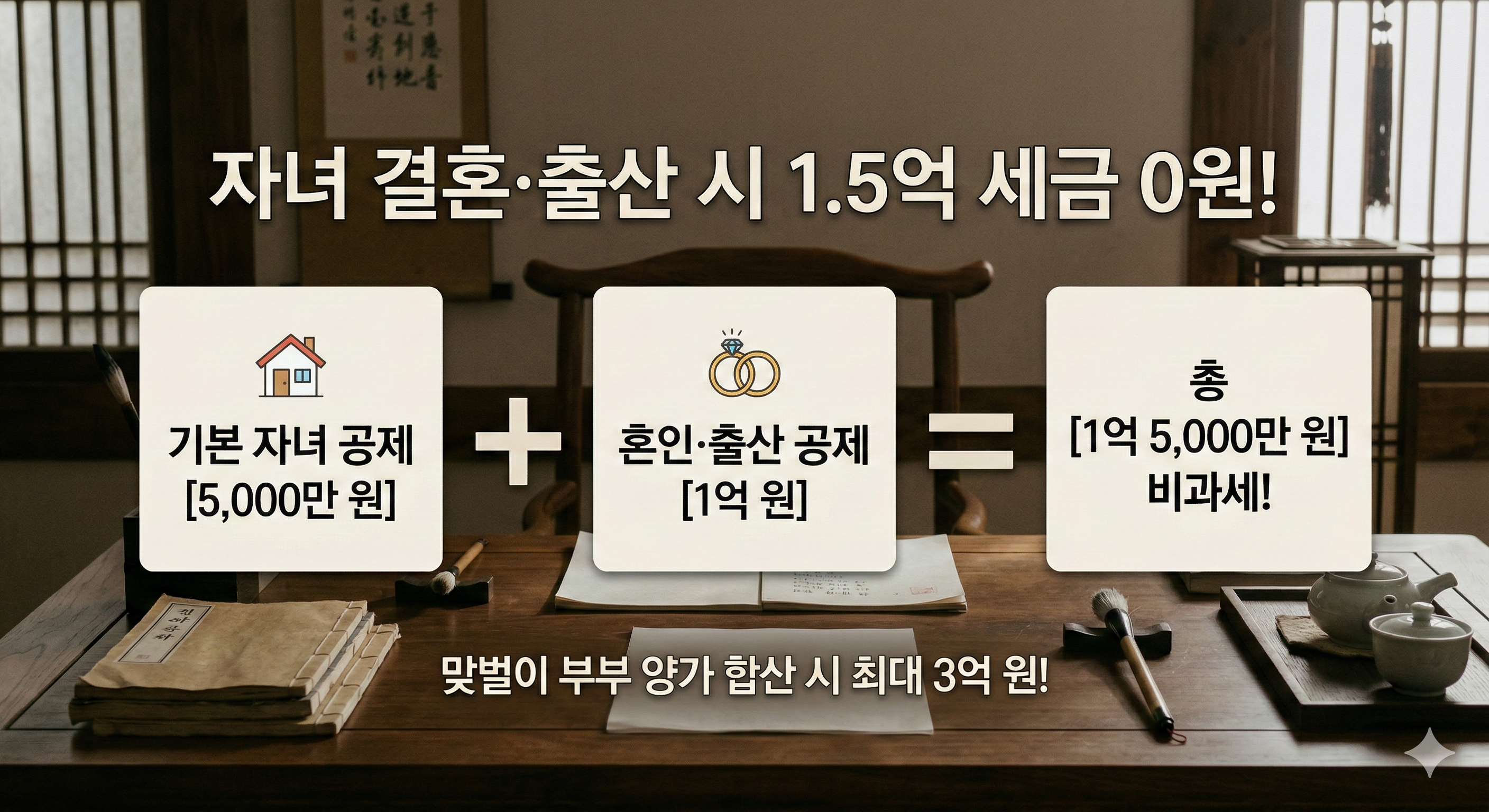 성인 자녀의 기본 공제 5천만 원에 신설된 혼인 및 출산 증여재산 공제 1억 원을 더해 총 1억 5천만 원까지 비과세되는 증여세 면제한도 계산법