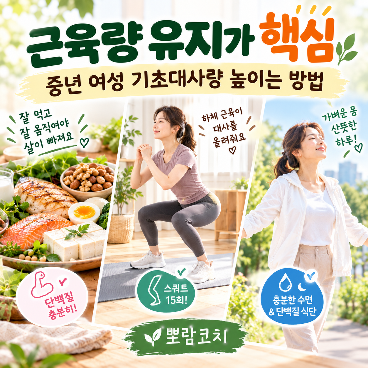 두부, 계란, 닭가슴살 등 정갈하고 건강하게 차려진 고단백 식단 모습
따스한 실내에서 바른 자세로 하체 근육을 자극하는 스쿼트 자세를 취하는 모습
탄탄하고 가벼워진 몸으로 산뜻하게 산책하며 아침 공기를 마시는 감성 이미지