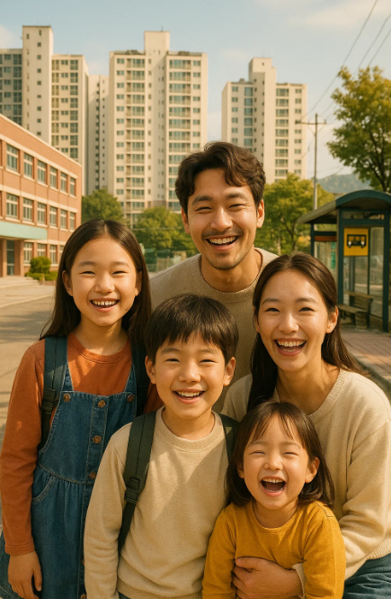 세 자녀 이상을 둔 가족이 아파트 단지 앞에서 함께 웃고 있는 모습. 2025년부터 확대되는 다자녀 혜택을 상징하는 이미지입니다.