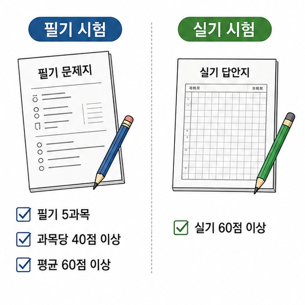 전기기사 필기 5과목의 과락 및 평균 합격기준과 실기 60점 합격기준을 보여주는 그림