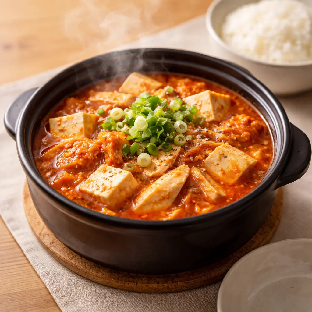 냄비 1개로 끓인 닭가슴살 김치두부 스튜 완성 모습, 두부와 대파가 보이는 칼칼한 빨간 국물