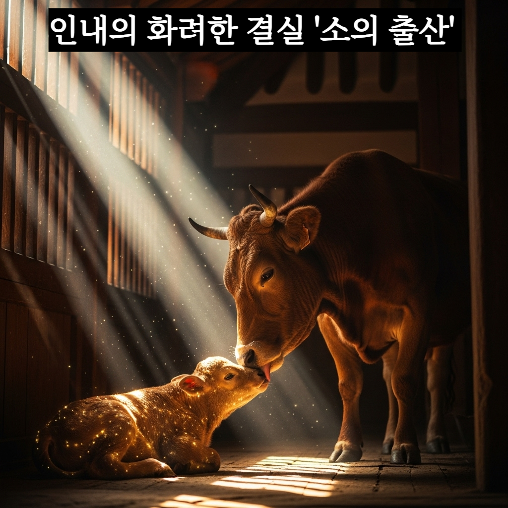 따스한 햇살이 비치는 아늑한 한국 전통 외양간에서 어미 소가 갓 태어난 황금빛 송아지를 정성스럽게 핥아주며 돌보고 있는 평온하고 풍요로운 분위기의 일러스트
