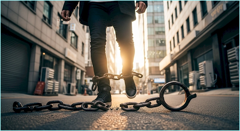 서울 도심의 골목에서 한 사람이 발목에 채워져 있던 무겁고 녹슨 쇠사슬을 끊고 자유롭게 앞으로 나아가는 모습. 발목 주변에 부서진 쇠사슬 조각들이 흩어져 있다.