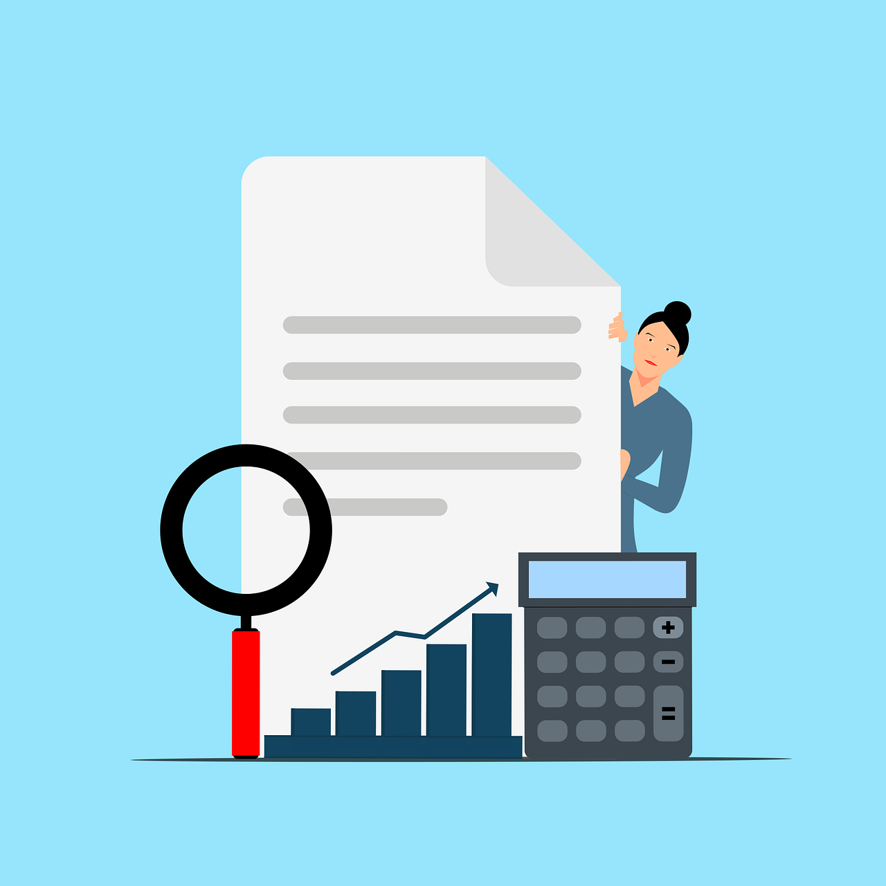 거대한 서류 뒤에서 돋보기와 계산기, 그리고 상승하는 주식 그래프를 신중하게 바라보는 사람의 일러스트. 2025년 세법 개정으로 인한 TR ETF의 변화를 분석하고 투자 전략을 점검하는 모습을 상징함.