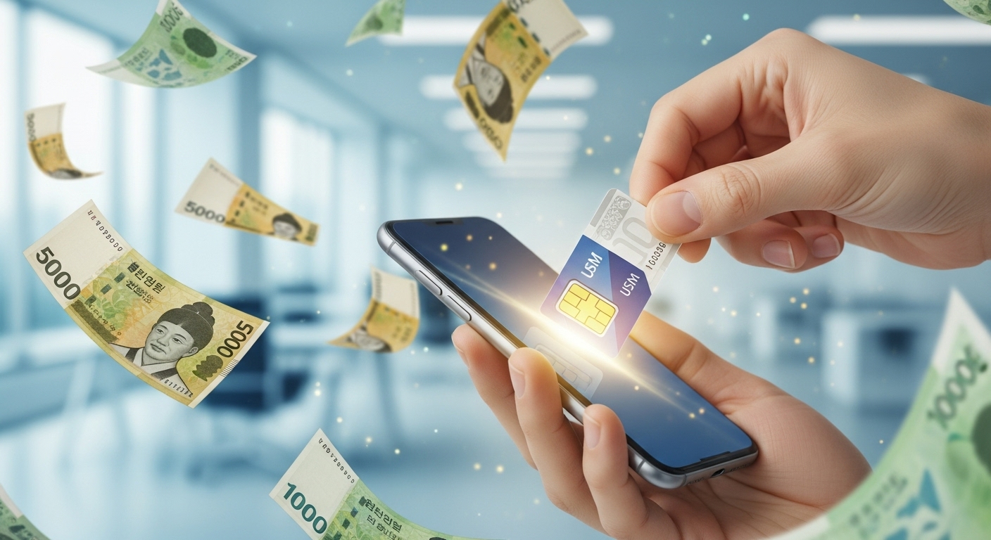 KT 유심 무상 교체를 통해 통신비를 절약하는 모습을 표현한 이미지. 손이 스마트폰에 유심 카드를 삽입하고 있으며, 주변에는 한국 지폐가 흩날리고 있다.