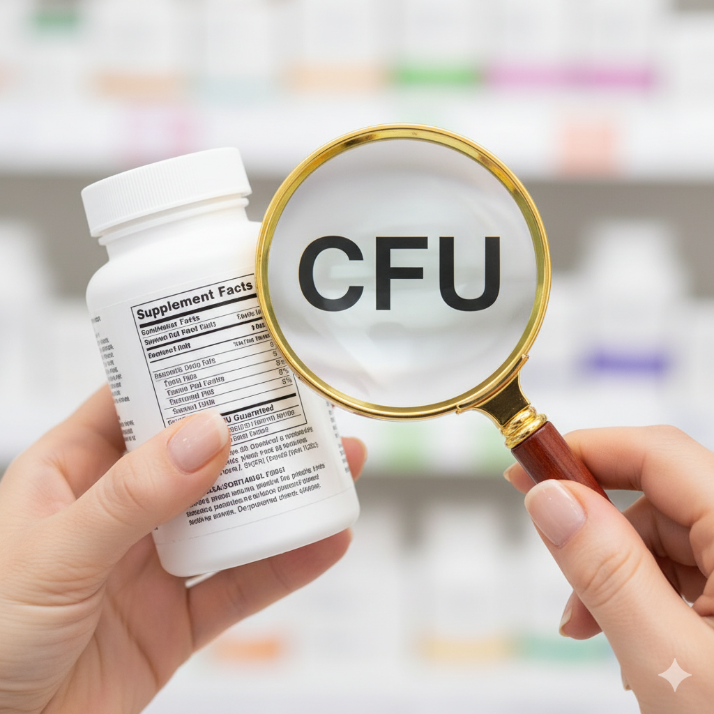 돋보기를 들고 구강 유산균 제품 뒷면의 보장 균수(CFU) 항목을 자세히 확인하는 여성의 손 클로즈업.