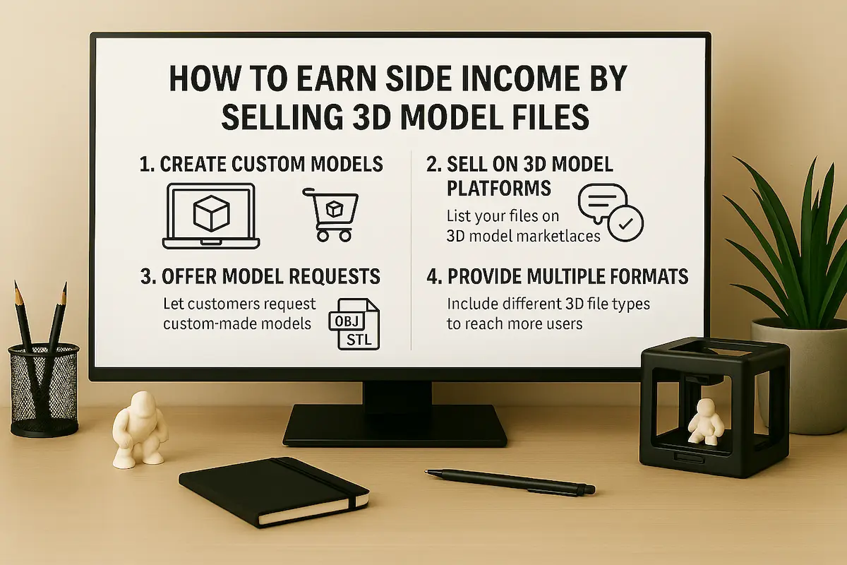 맞춤형 3D모델링 파일 판매와 부업으로 수익을 올리는 방법이 정리된 컴퓨터 화면, 인물 없이 정보가 표시된 장면
