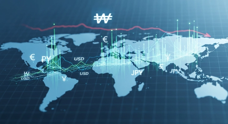 글로벌 분산투자를 나타내는 세계 지도와 상승하는 ETF 그래프, 원화 약세에 대비하는 투자 전략.