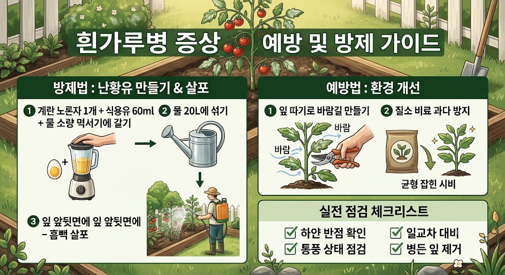 방울토마토 잎에 발생한 흰가루병 증상과 이를 해결하기 위한 계란노른자 식용유 난황유 제조 비율을 시각적으로 설명하는 텃밭 관리 삽화