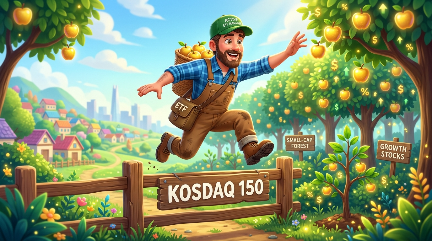 코스닥 150이라는 울타리를 뛰어넘어, 중소형주의 숲에서 황금 사과를 수확하는 액티브 ETF 농부의 모습을 담은 활기찬 3D 인포그래픽