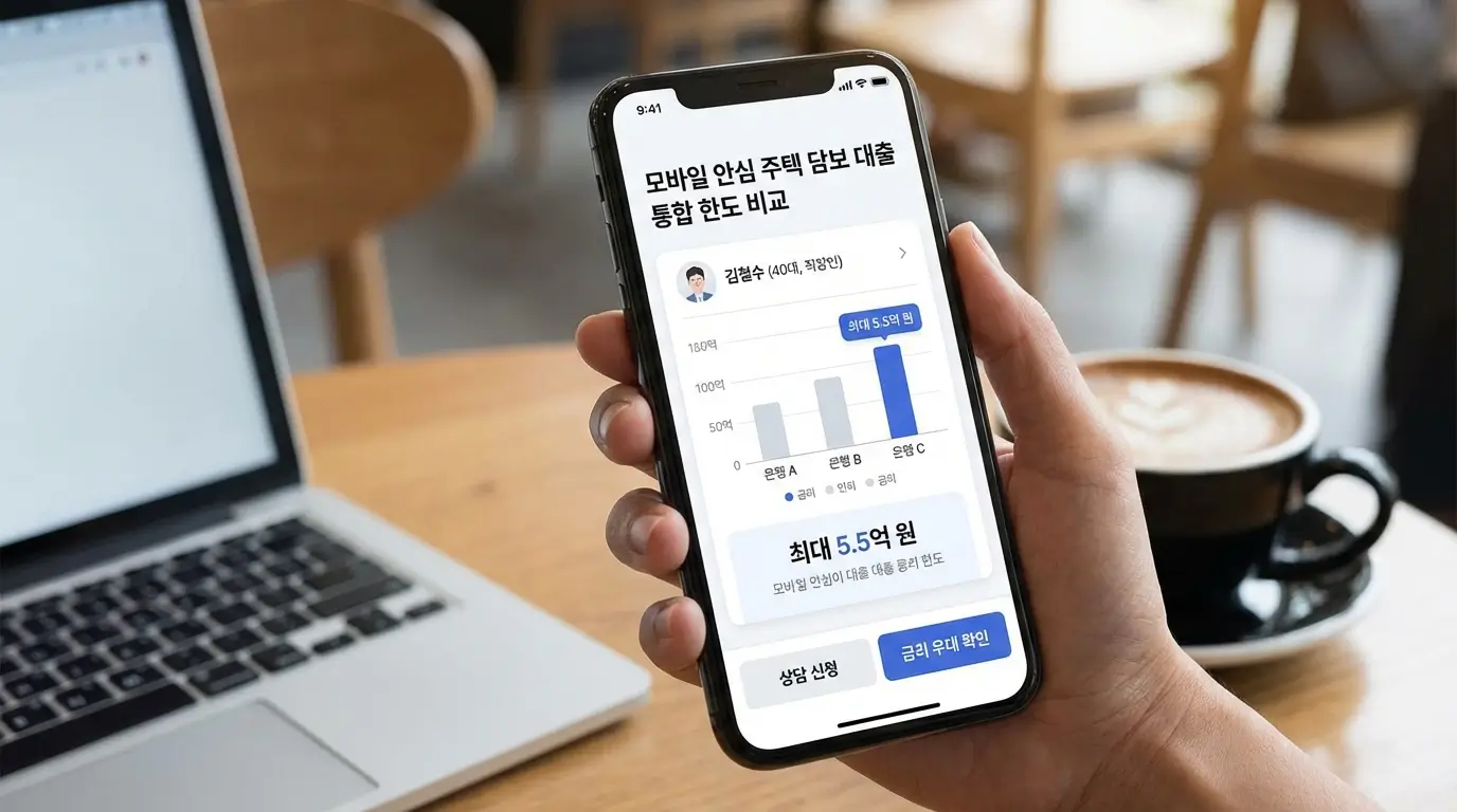 모바일 안심 주택 담보 대출 통합 한도 비교 플랫폼 화면