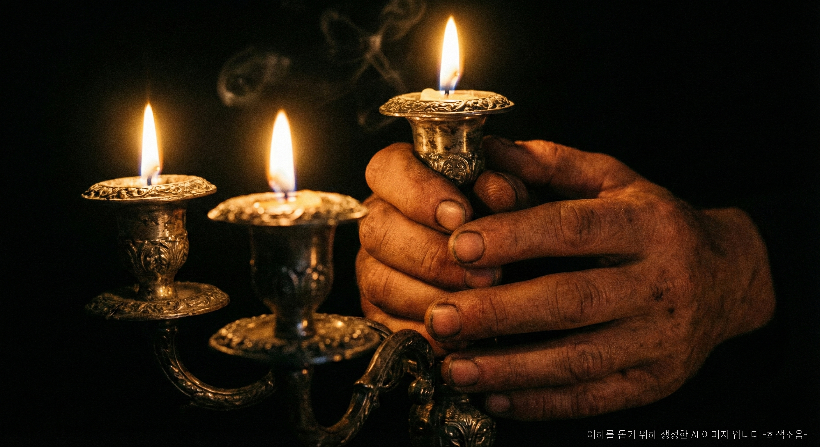구원의 촛불 : 캄캄한 공간에서 은 촛대 두 개의 불빛이 거친 손을 비추며, 기도와 망설임의 순간을 명암 대비로 드러내는 매크로 장면.