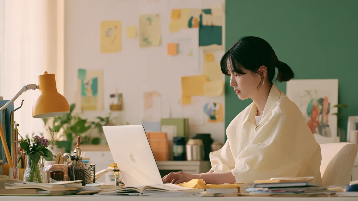 정돈된 책상에서 화상회의 대기실에 혼자 접속해 기다리는 직장인