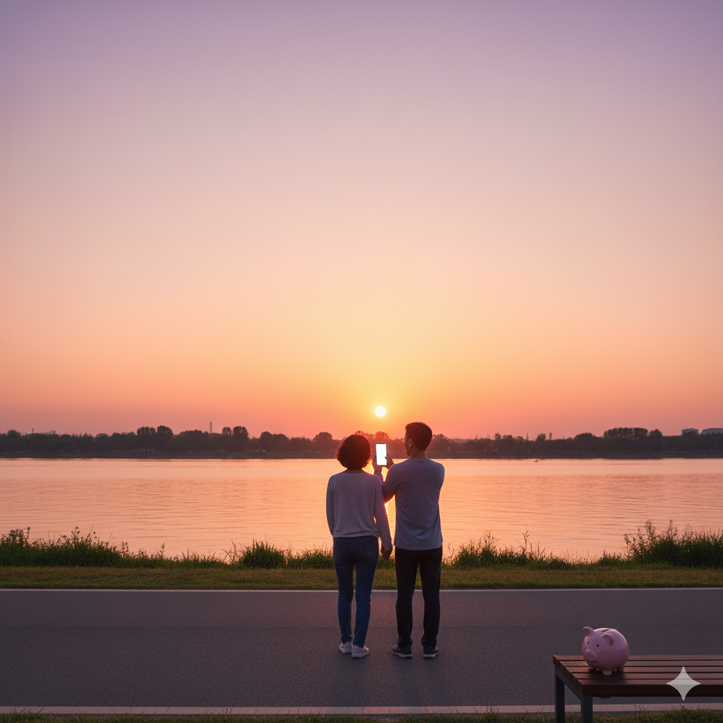 해질녘 강변을 함께 걷는 건강한 중년 부부