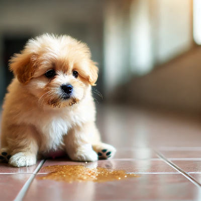 바닥에 구토를 한 새끼 강아지