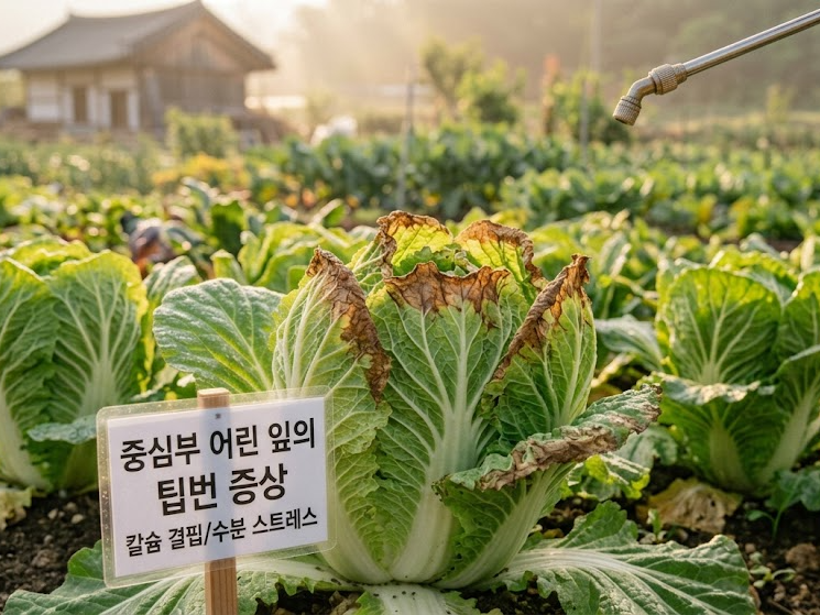 가을배추 결구 내부의 어린 잎끝 테두리가 갈색으로 말라 죽어 있는 생리장해 현상