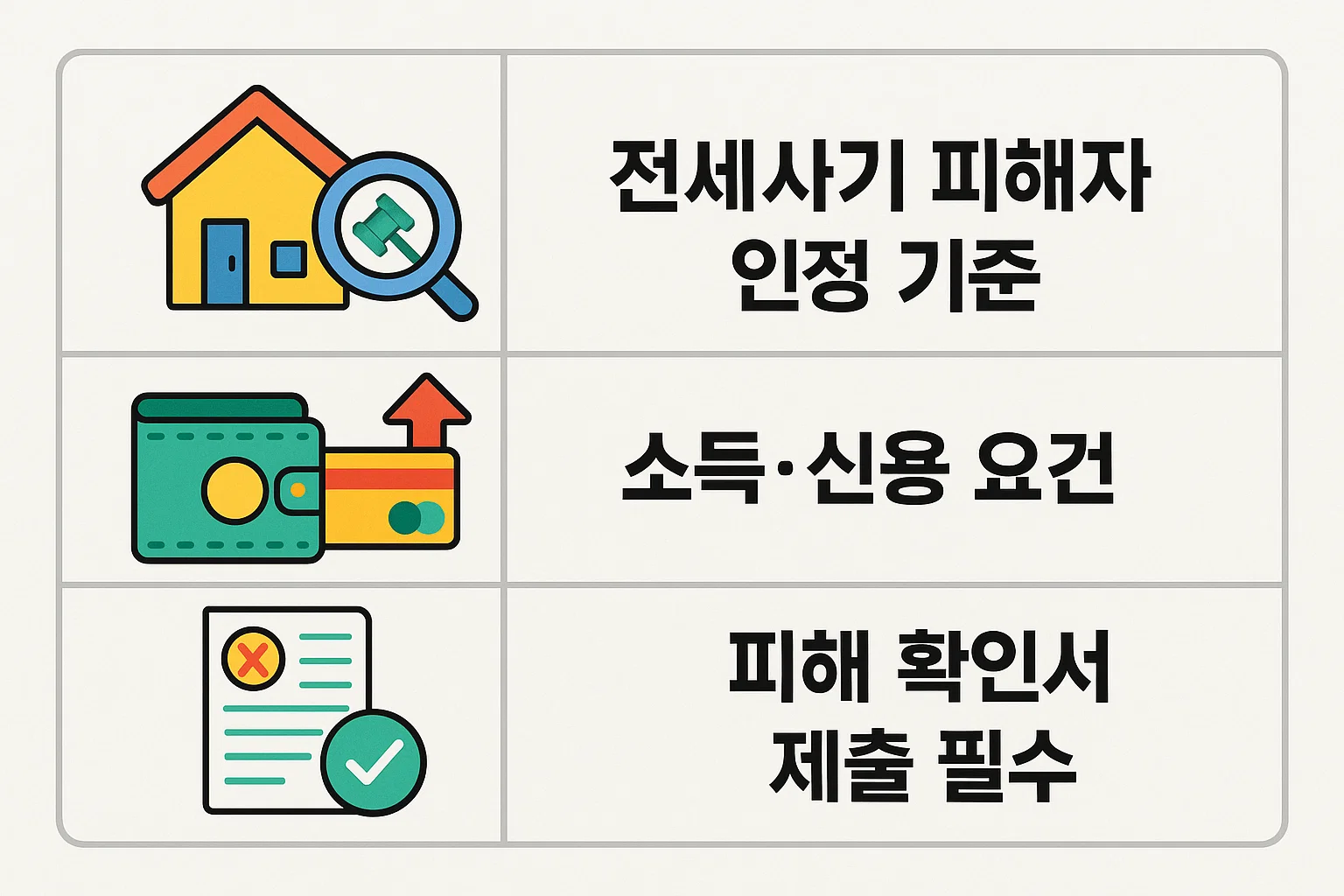 전세사기 피해자 인정기준, 소득&middot;신용 요건, 피해 확인서 제출 필수 조건 등 신청 전 확인해야 할 기본 요건을 정리한 인포그래픽입니다.