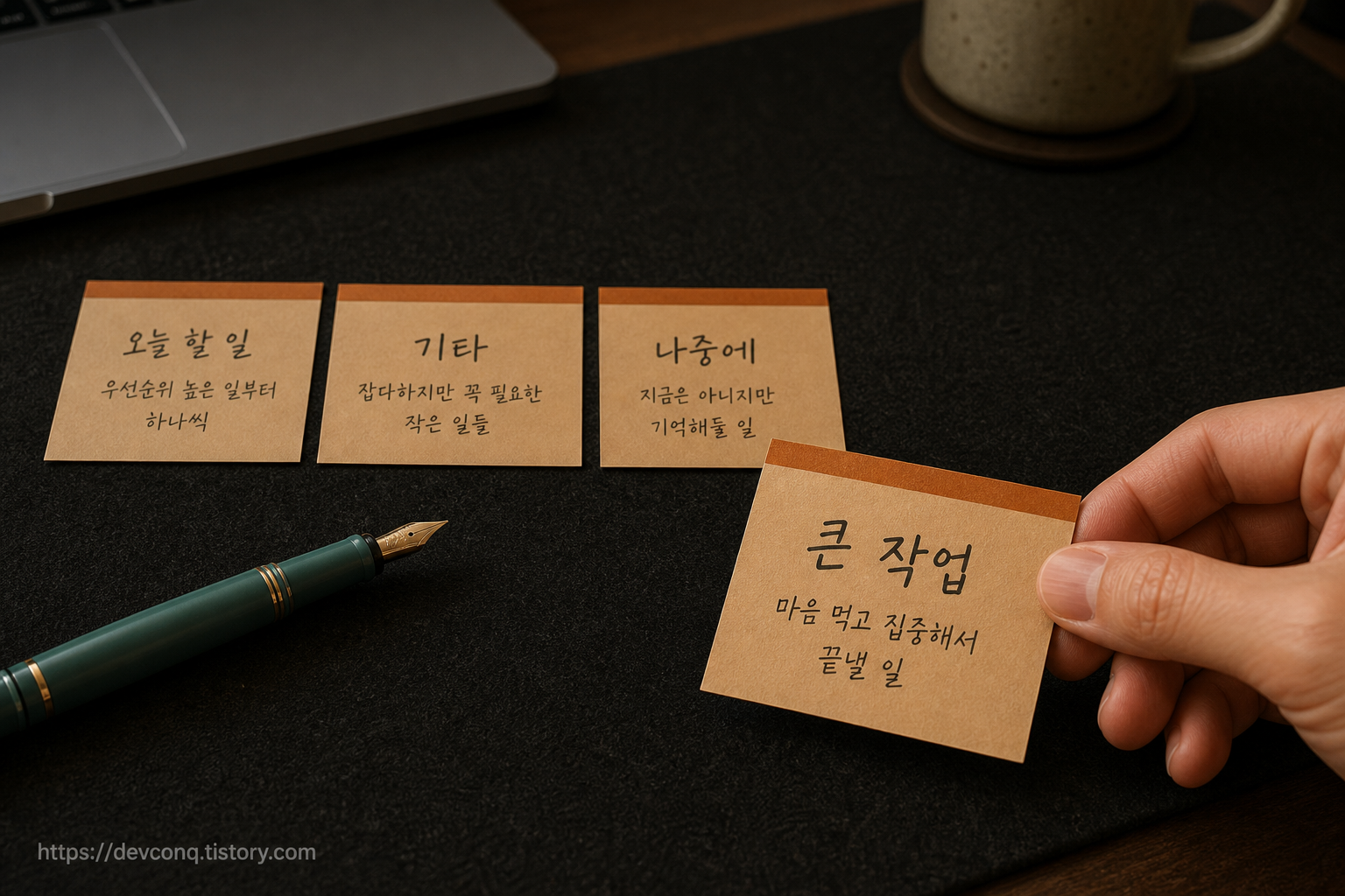책상 위 노트에 우선순위를 적어 큰 작업을 앞으로 당겨 배치하는 손