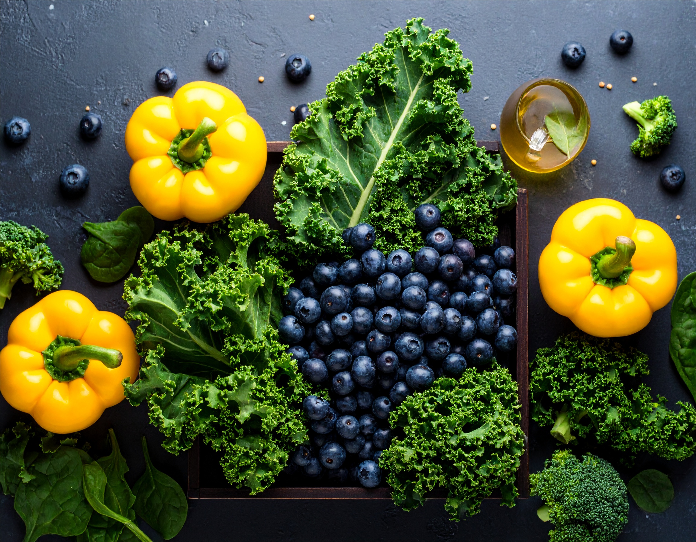 루테인과 지아잔틴이 풍부한 케일, 시금치, 브로콜리, 파프리카, 블루베리가 식탁 위에 놓인 이미지