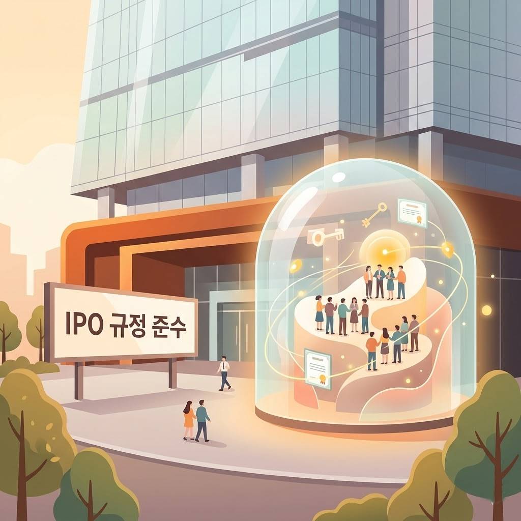 거대한 대기업 사옥 앞에 'IPO 규정 준수' 표지판이 세워져 있고, 투명한 유리 속에 보호받고 있는 소액 주주들의 권리를 상징하는 벡터 아트