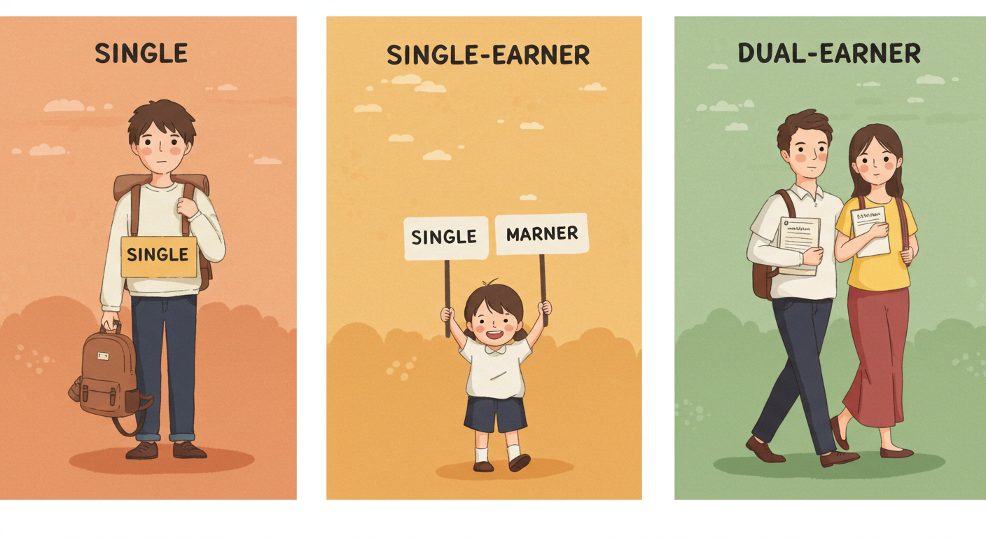 단독 홑벌이 맞벌이 가구별 신청자격을 인물로 표현