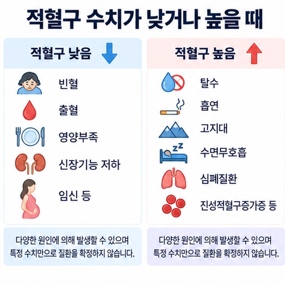 적혈구가 낮을 때와 높을 때의 빈혈 탈수 흡연 고지대 심폐질환 등 원인을 비교한 이미지