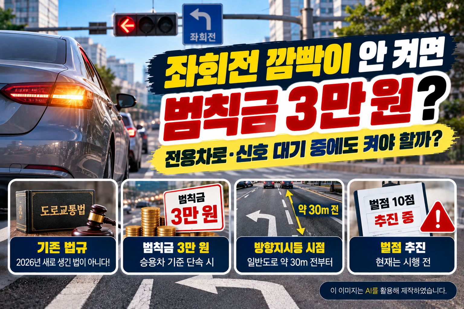 좌회전 전용차로에서 방향지시등을 켠 자동차를 배경으로, 좌회전 깜빡이 미사용 시 승용차 기준 범칙금 3만 원, 일반도로 약 30m 전 방향지시등 사용 의무, 2026년 기존 도로교통법 규정 및 벌점 10점 추가 추진 내용을 안내하는 이미지