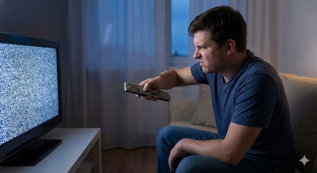 소파에-앉아-지지직거리는-노이즈-화면의-TV를-향해-인상을-찌푸리며-작동하지-않는-리모컨-버튼을-힘주어-누르고-있는-답답한-남성의-모습